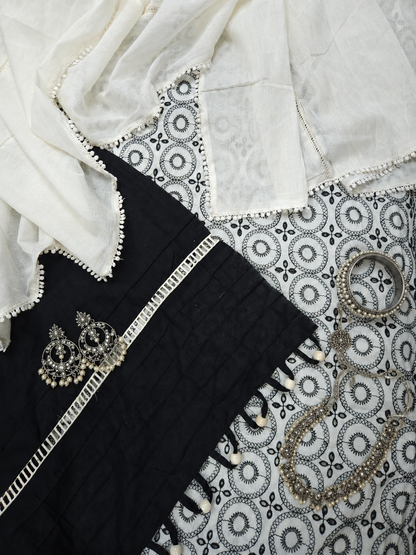 Black & White Schiffli Embroidered Unstitched Suit Set with Dupatta | 3 Piece Dress Material