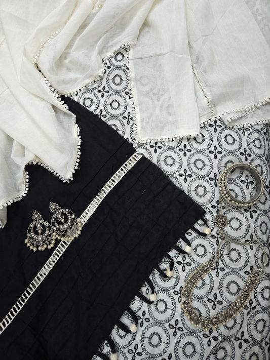 Black & White Schiffli Embroidered Unstitched Suit Set with Dupatta | 3 Piece Dress Material