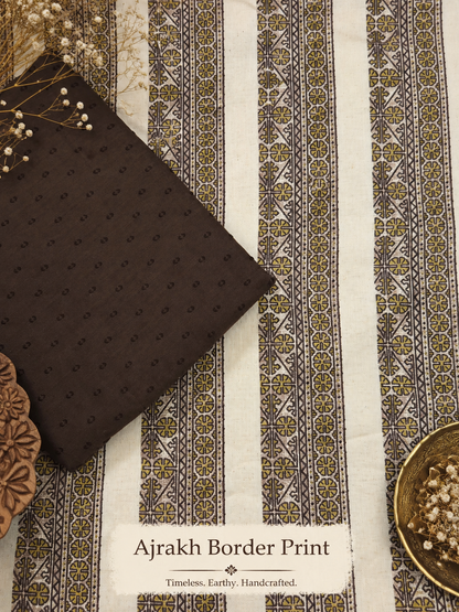 Ajrakh Border Print Cotton Suit Set with Brown Bottom