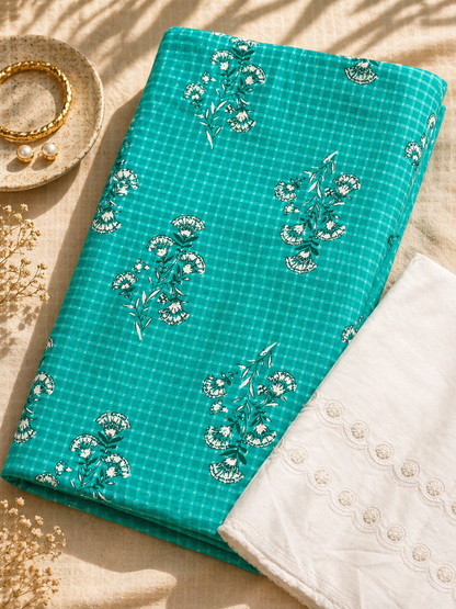 Sea Green Floral Kota Cotton Suit With Embroidered Bottom