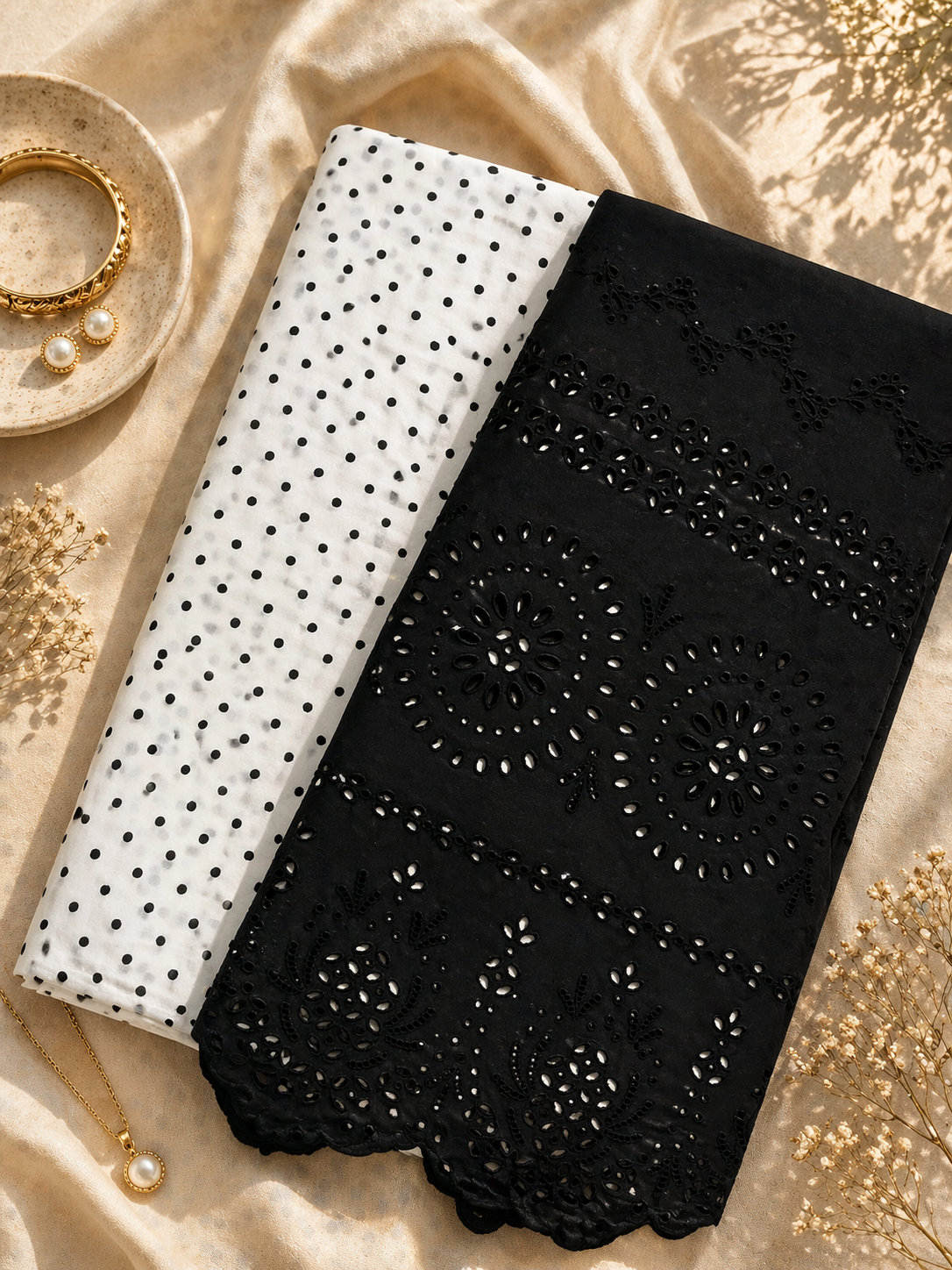 White Polka Dot Poplin Cotton Suit with Black Chikankari Bottom