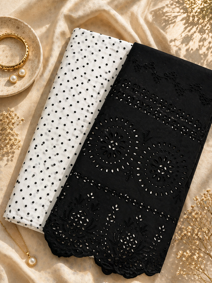 White Polka Dot Poplin Cotton Suit with Black Chikankari Bottom