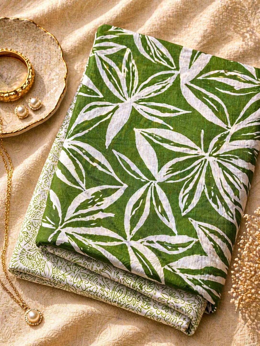 Green Leaf Print Cotton Linen Fabric with Designer Bottom