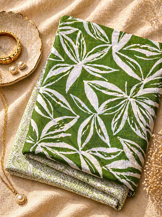 Green Leaf Print Cotton Linen Fabric with Designer Bottom