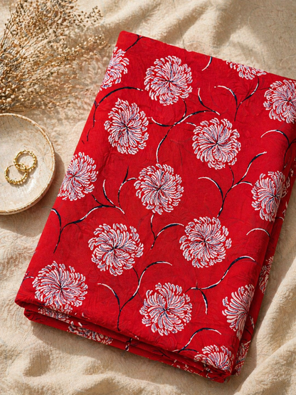 Red Floral Modal Rayon Crust Finish Fabric