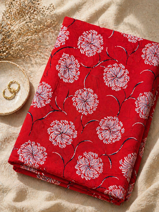 Red Floral Modal Rayon Crust Finish Fabric