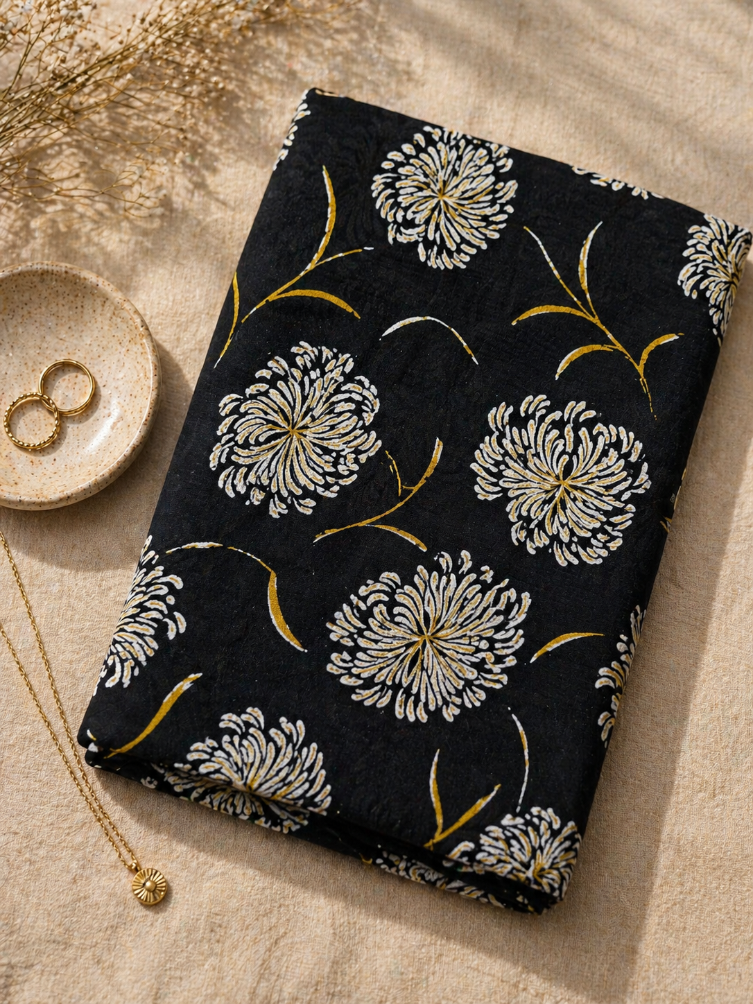 Black Floral Modal Rayon Fabric with Mustard Accents