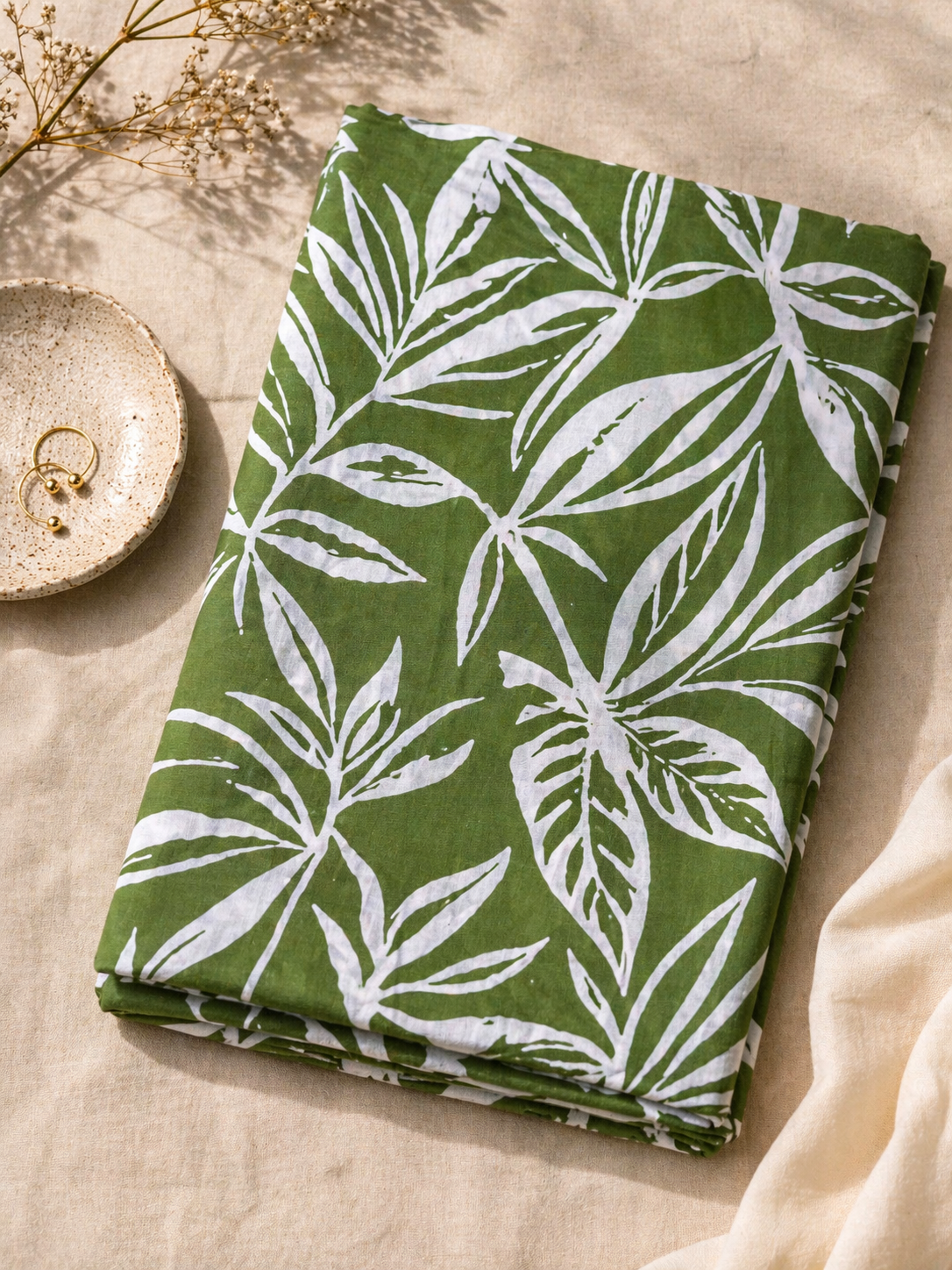 Olive Green Tropical Leaf Cotton Fabric 60 Inch Width