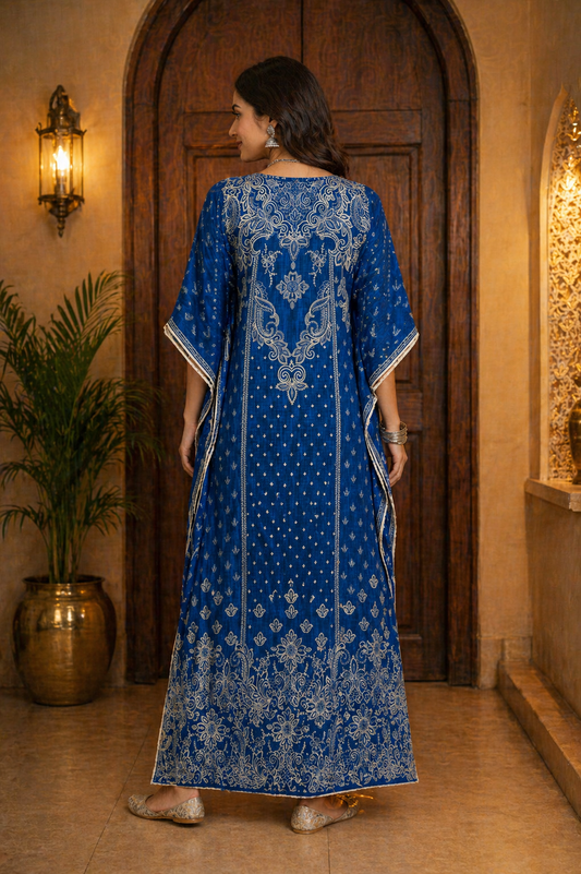 Premium Blue Modal Rayon Floral Kaftan Fabric