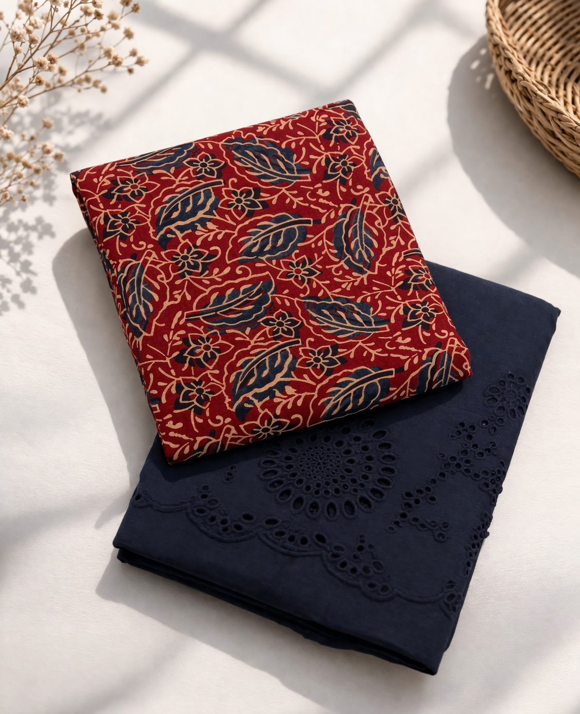 Crimson Bloom Cotton Suit Set with Embroidered Schiffli Bottom
