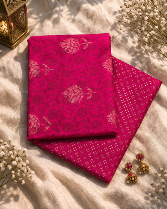 Premium Rani Pink Cotton Suit Set with Intricate Floral Weave & Butti Bottom