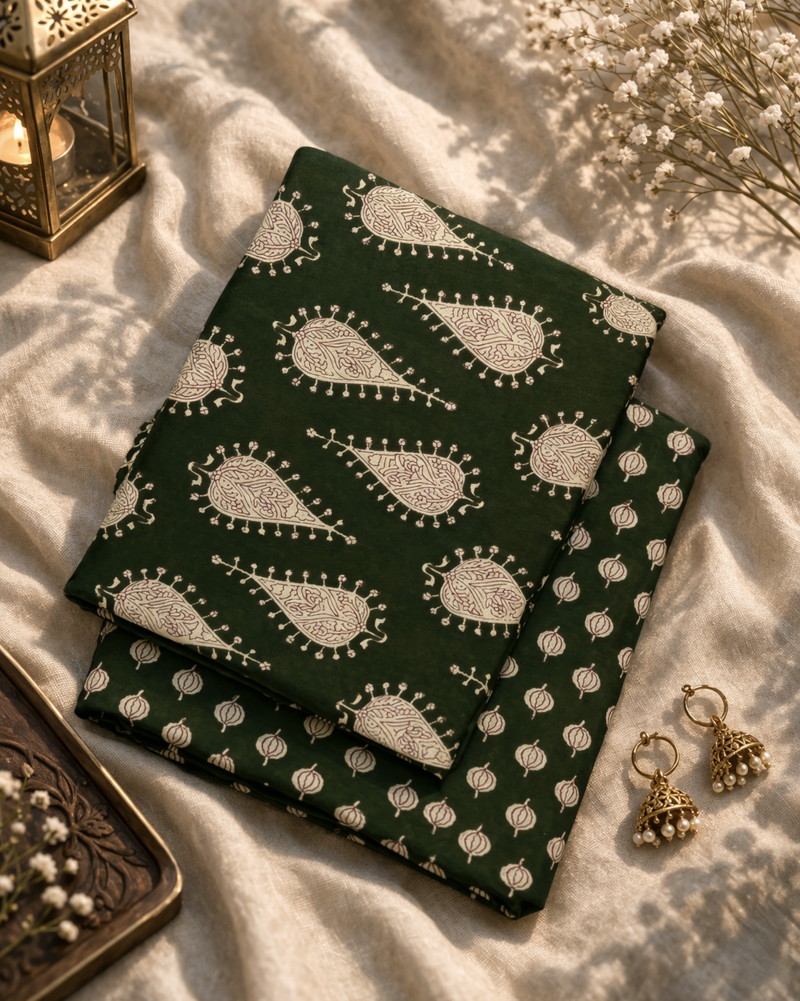 Premium Dark Green Cotton Suit Set with Paisley Print & Butti Bottom