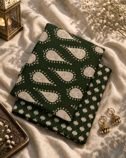 Premium Dark Green Cotton Suit Set with Paisley Print & Butti Bottom