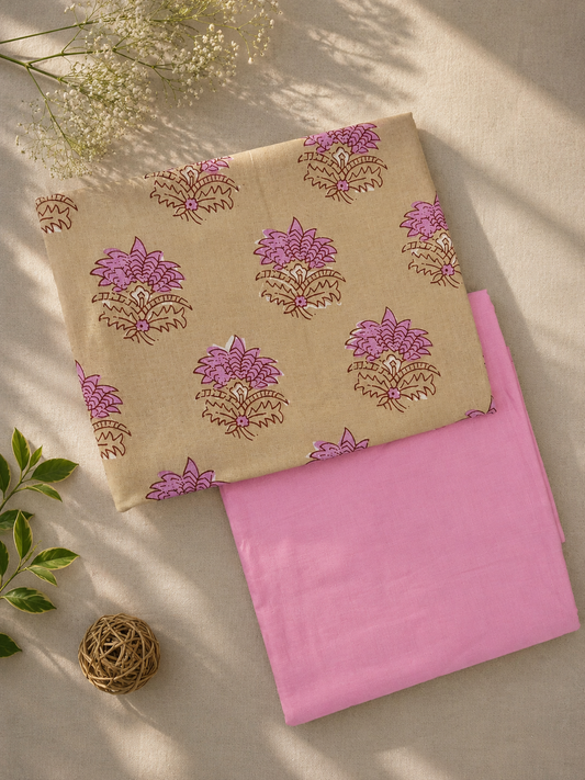 Beige Floral Printed Cotton Suit Set with Pink Bottom