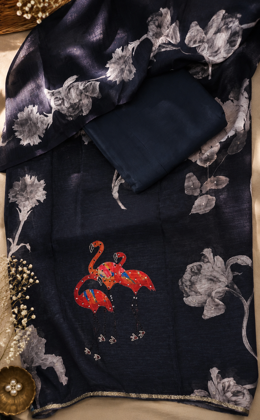 Black Linen Embroidered Flamingo Semi-stitched Suit Set with Cotton Bottom & Linen Dupatta | 3Piece Suit Set