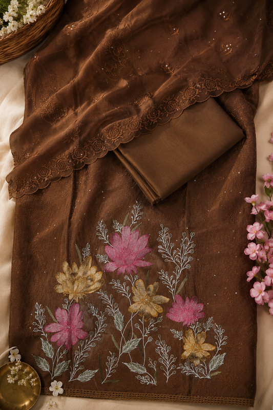 Brown Cotton Silk Embroidered Semi-stitched Suit Set with Organza Dupatta| 3 Piece Suit Set