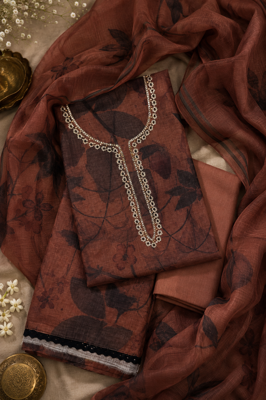 Rust Brown Linen Handwork Semi-stitched Suit Set with Cotton Bottom & Linen Dupatta| 3 Piece Suit Set