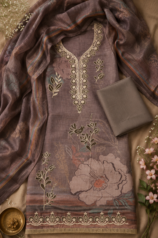 Brown Cotton Silk Embroidered Semi-stitched Suit Set with Organza Dupatta| 3 Piece Suit Set