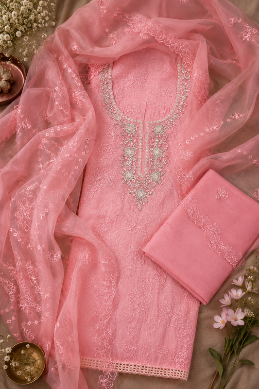 Pink Cotton Silk Handwork Semi-stitched Suit Set with Embroidered Organza Dupatta | 3 Piece Suit Set