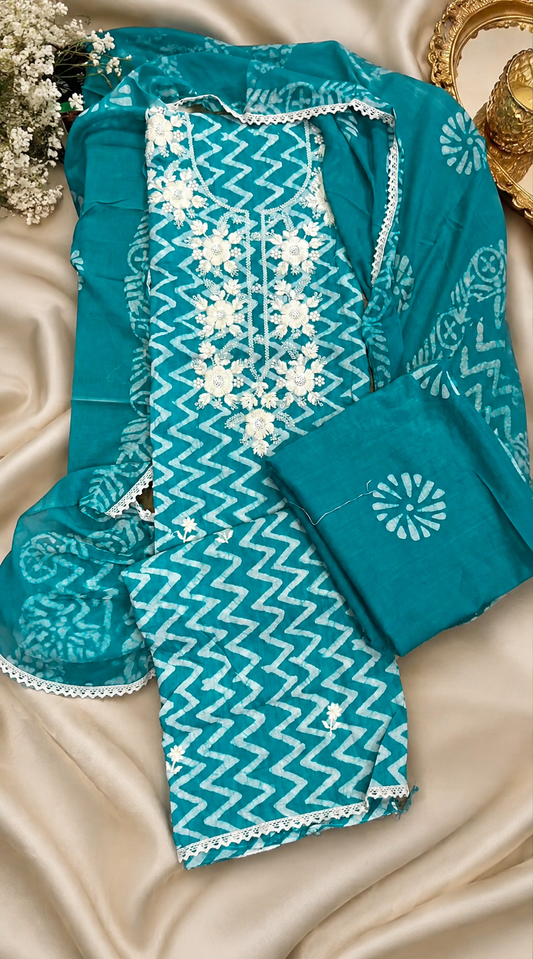 Teal Mul Cotton Handwork Semi-stitched Suit Set with Bottom & Dupatta | 3 Piece Suit Set