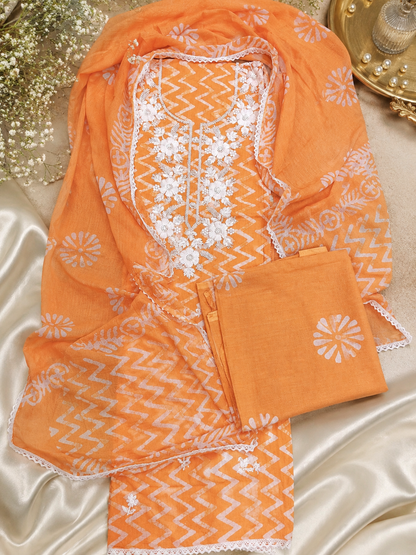 Orange Mul Cotton Handwork Semi-stitched Suit Set with Dupatta| 3 Piece Suit Set