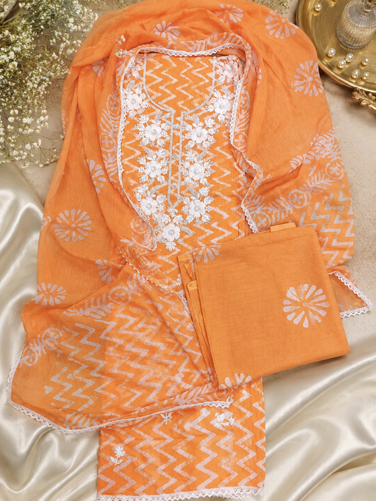 Orange Mul Cotton Handwork Semi-stitched Suit Set with Dupatta| 3 Piece Suit Set