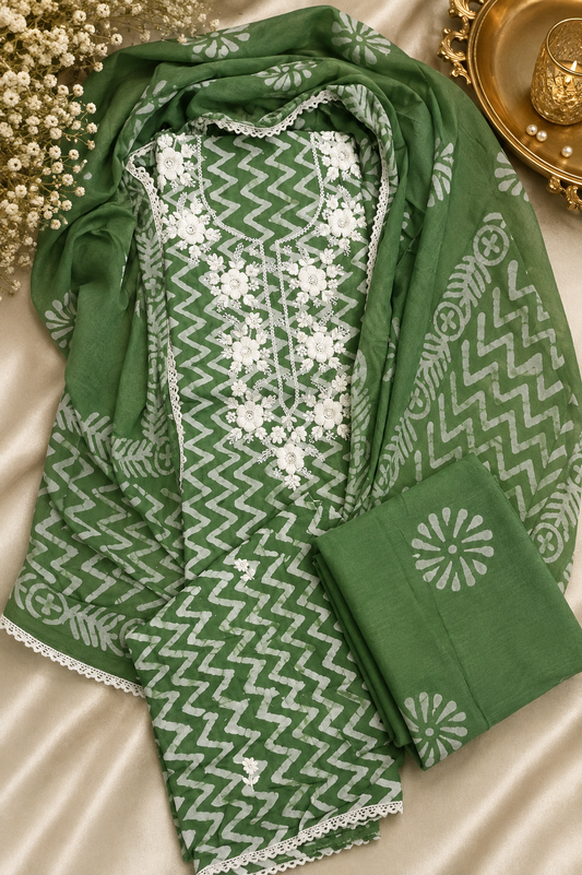 Green Mul Cotton Handwork Semi-stitched Suit Set with Dupatta| 3 Piece Suit Set