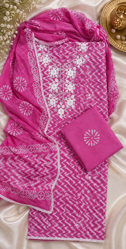 Rani Pink Mul Cotton Handwork Semi-stitched Suit Set with Dupatta| 3 Piece Suit Set