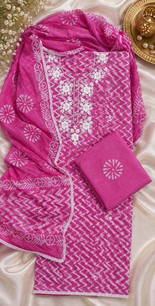 Rani Pink Mul Cotton Handwork Semi-stitched Suit Set with Dupatta| 3 Piece Suit Set