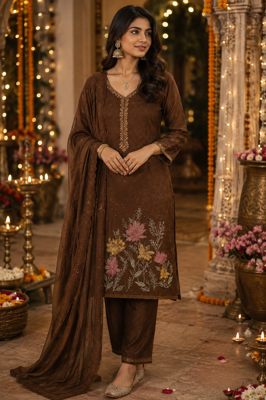 Brown Cotton Silk Embroidered Semi-stitched Suit Set with Organza Dupatta| 3 Piece Suit Set