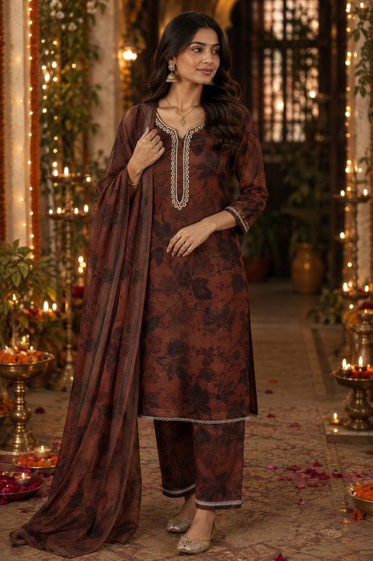 Rust Brown Linen Handwork Semi-stitched Suit Set with Cotton Bottom & Linen Dupatta| 3 Piece Suit Set