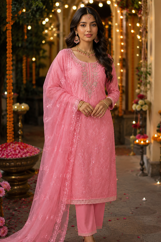 Pink Cotton Silk Handwork Semi-stitched Suit Set with Embroidered Organza Dupatta | 3 Piece Suit Set