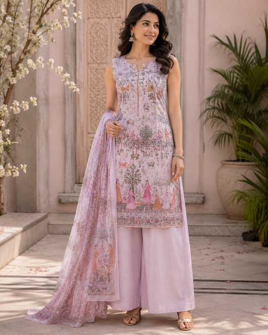 Lavender Printed Linen Semi-stitched Suit Set with Cotton Bottom & Linen Dupatta | 3Piece Suit Set