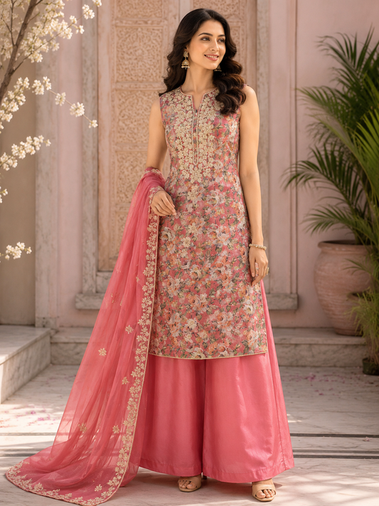 Peach Printed Linen Semi-stitched Suit Set with Shantoon Bottom & organza Dupatta | 3Piece Suit Set