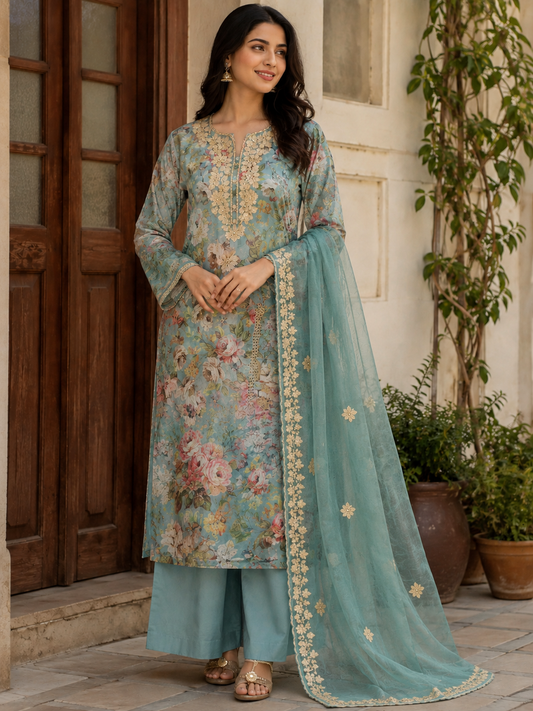 Sky Blue Printed Linen Semi-stitched Suit Set with Cotton Bottom & Organza Dupatta | 3Piece Suit Set