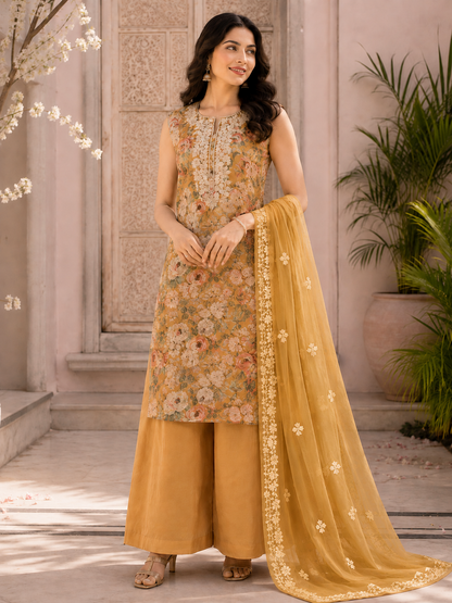Mustard Printed Linen Semi-stitched Suit Set with Cotton Bottom & organza Dupatta | 3Piece Suit Set