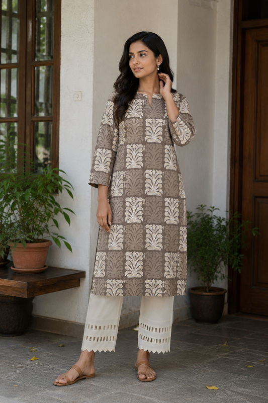 Brown Cotton Kurta with White Chicken Cotton Bottom | Premium Ethnic Suit Set
