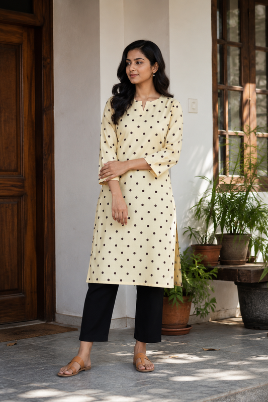 Premium Poplin Polka Dot Kurta with Rayon Bottom Suit Set