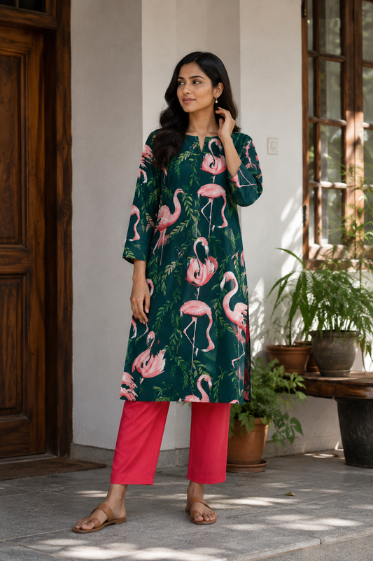 Premium Flamingo Print Rayon Suit Set