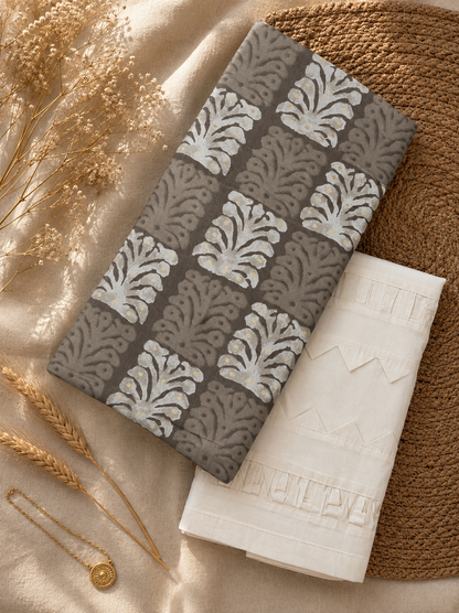 Brown Cotton Kurta with White Chicken Cotton Bottom | Premium Ethnic Suit Set