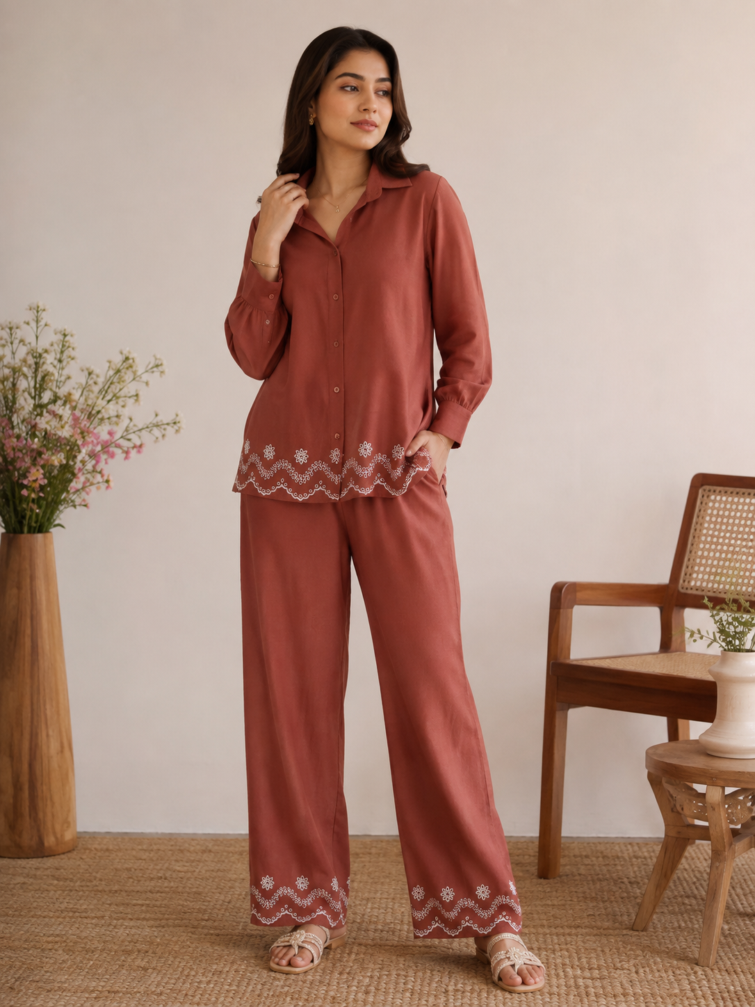 Rust Color 100% Pure Linen Fabric with Double Border