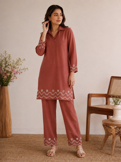 Rust Color 100% Pure Linen Fabric with Double Border
