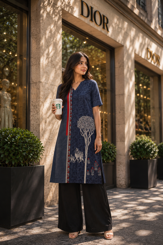 Indigo Colour Camel Printed Kurta Panel Fabric