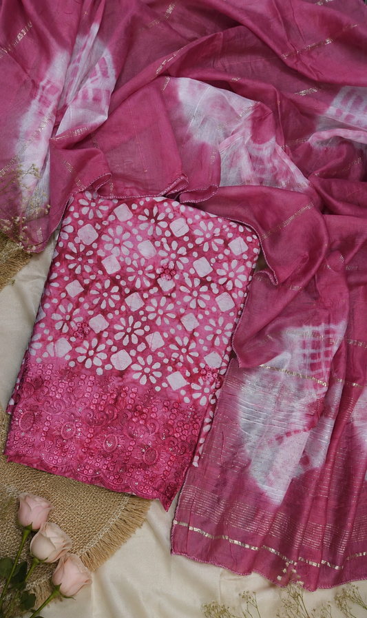 Pink Cotton Muslin Bandhani Border Embroidered Suit Set with Dupatta