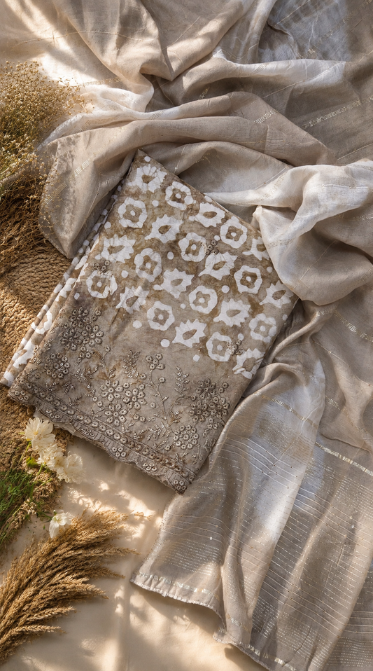 Beige Cotton Muslin Bandhani Print Embroidered Suit Set with Dupatta