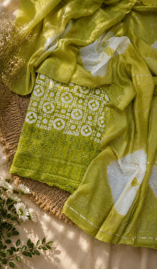 Olive Green Cotton Bandhani Printed Embroidered Suit Set with Muslin Dupatta