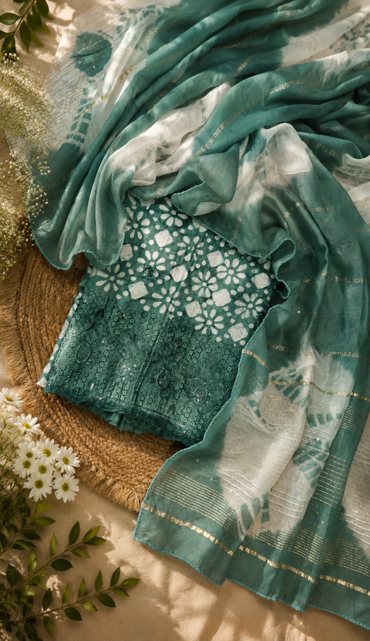 Teal Green Cotton Bandhani Printed Embroidered Suit Set with Muslin Dupatta