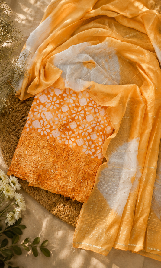 Orange Cotton Bandhani Print Embroidered Suit Set with Muslin Dupatta
