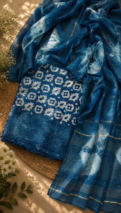 Teal Blue Cotton Bandhani Print Embroidered Suit Set with Muslin Dupatta