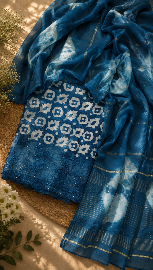 Teal Blue Cotton Bandhani Print Embroidered Suit Set with Muslin Dupatta